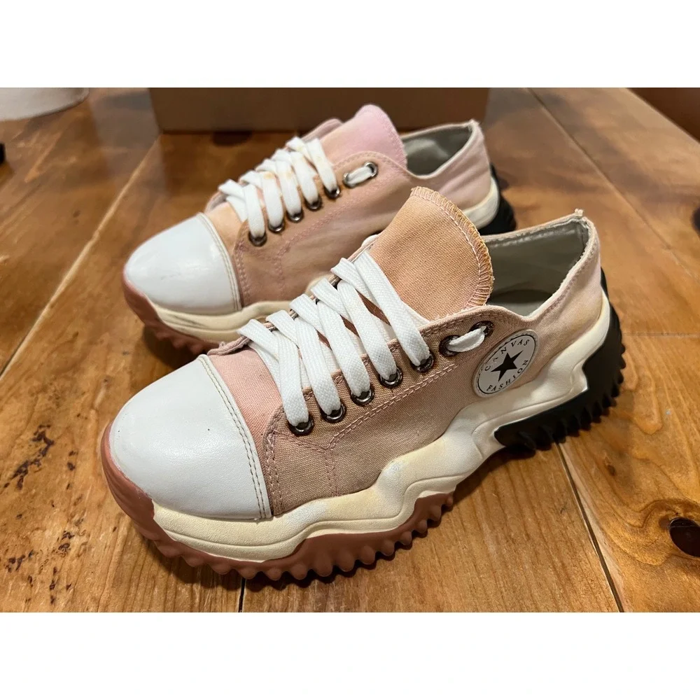 Canvas Fashion Chunky Platform Wavy Lug Sole Sneakers Pink Peach Low Top
